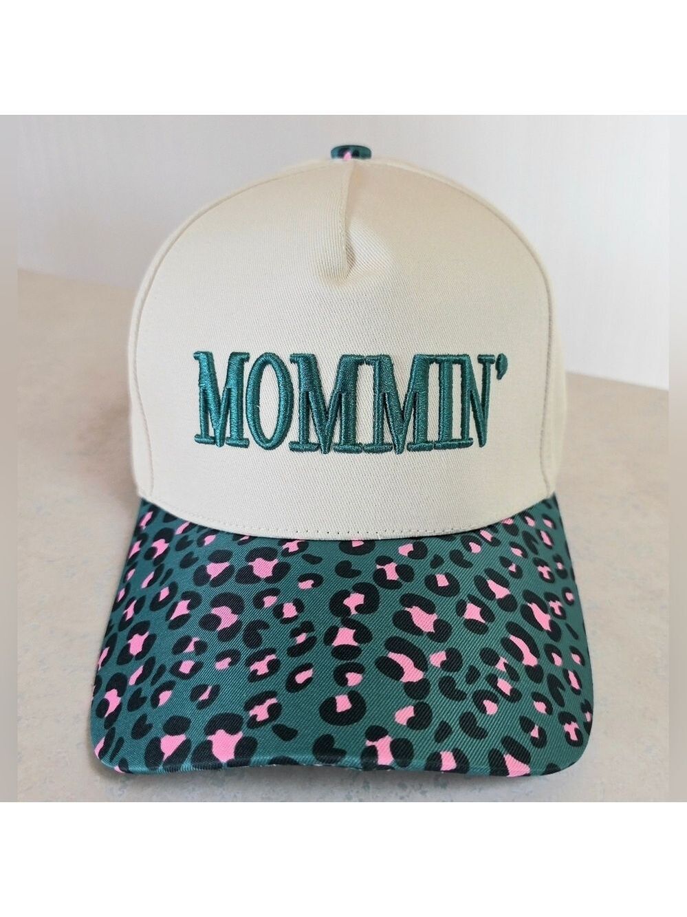 MOMMIN’ Leopard Print Trucker Hat | Teal Pink Cheetah Adjustable Mom Cap - New